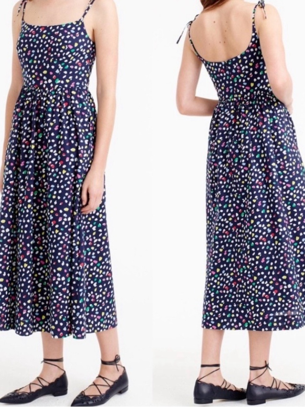 J. Crew Navy Midi Dress with Multicolor Dot Print